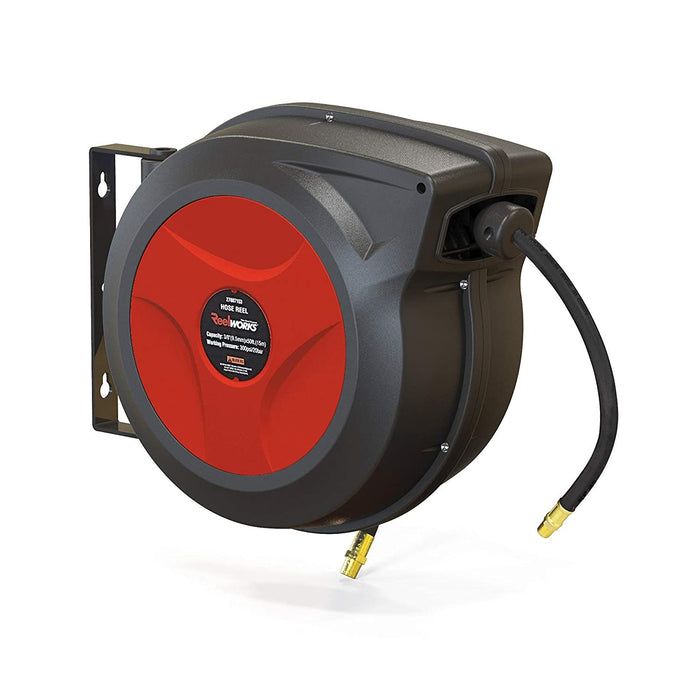 ReelWorks Mountable Retractable Air Hose Reel - 3/8" x  50'FT, 3' Ft Lead-In Hose, 1/4" NPT Connections