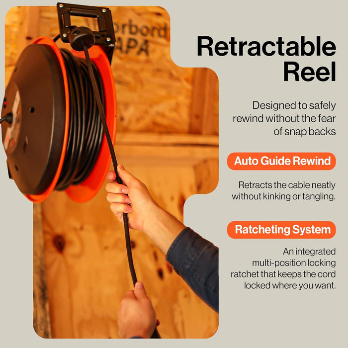 SuperHandy Industrial Retractable Extension Cord Reel - 14AWG x 100' Ft, 3 Grounded Outlets, Max 13A