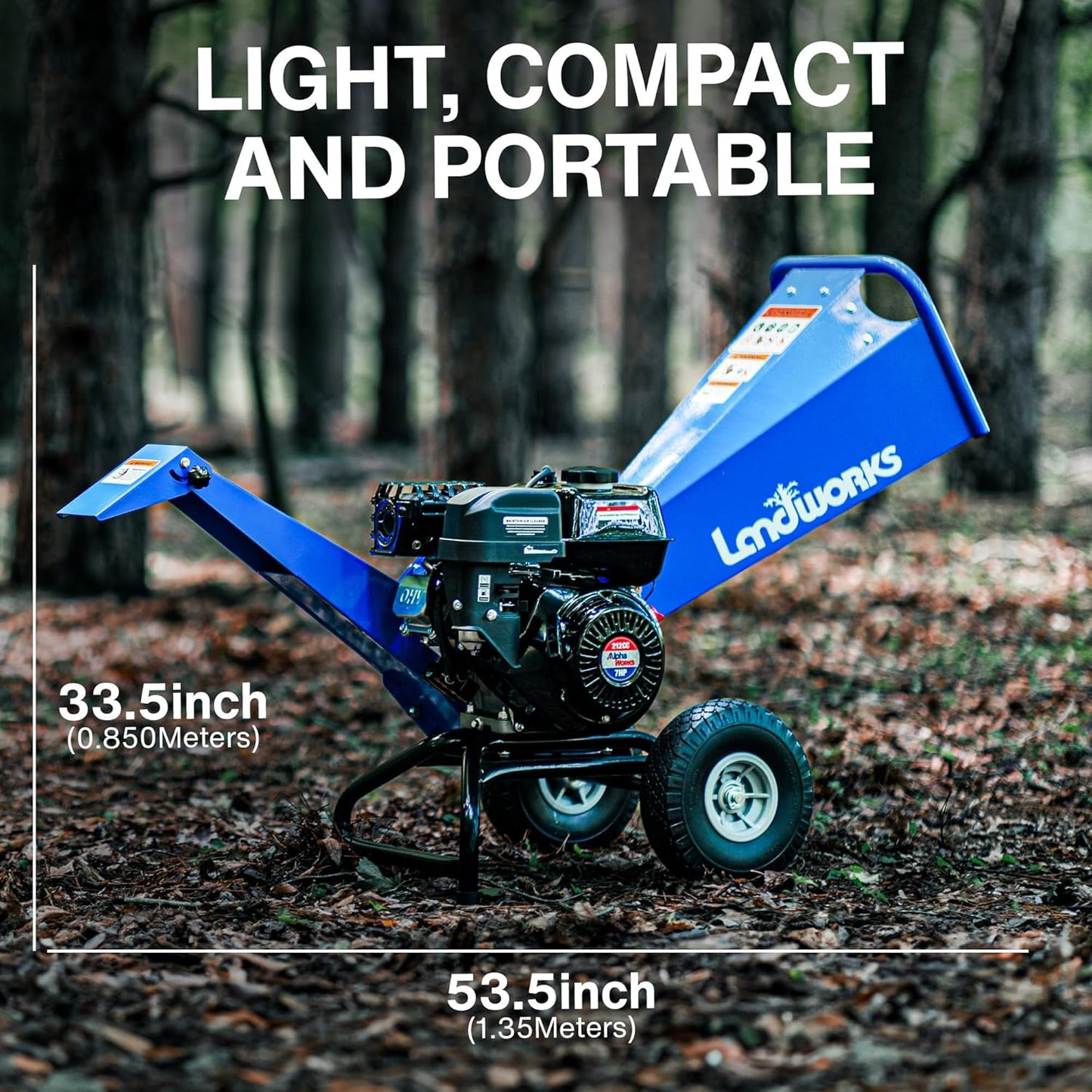 Astilladora de madera compacta Landworks - Motor de gas de 7HP, tolva de salida ajustable, diámetro máximo de rama de 3" (azul)