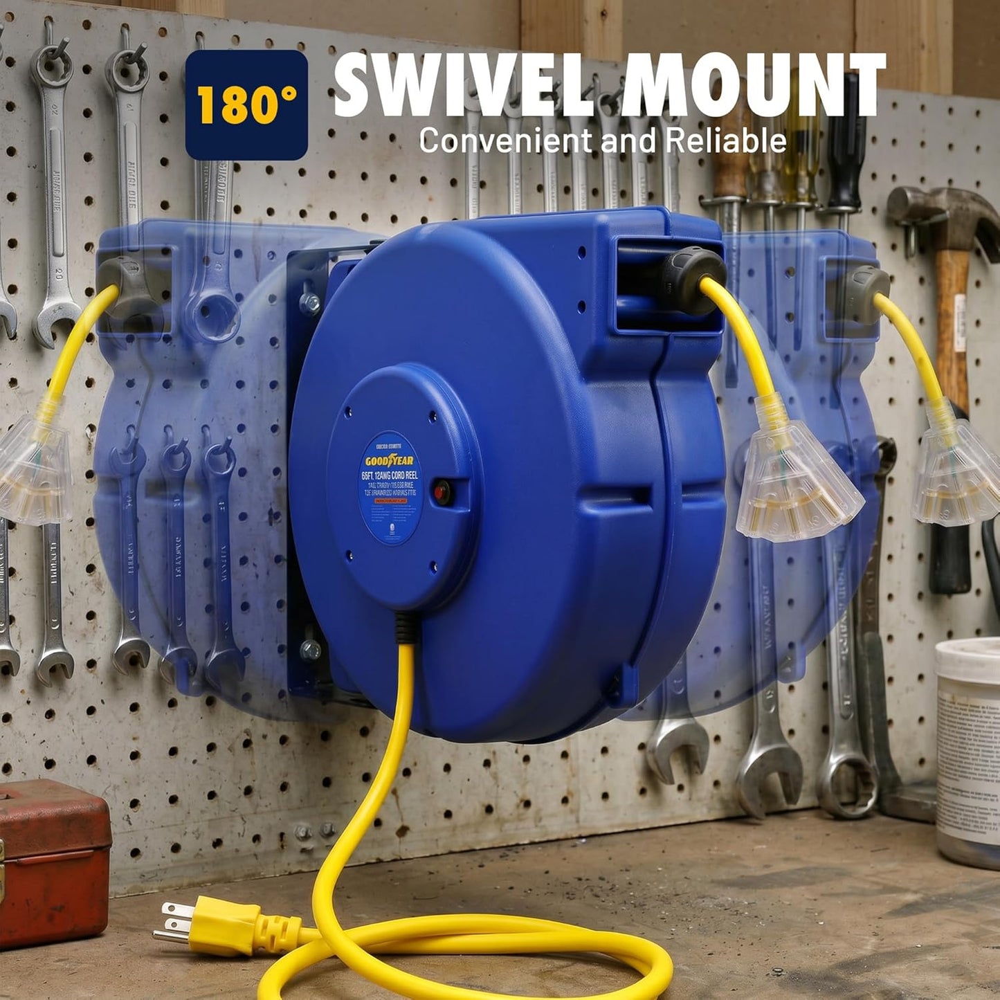 Goodyear Heavy-Duty Retractable Extension Cord Reel - 12AWG, 65' Length, Triple Tap Connector, 1875W Power