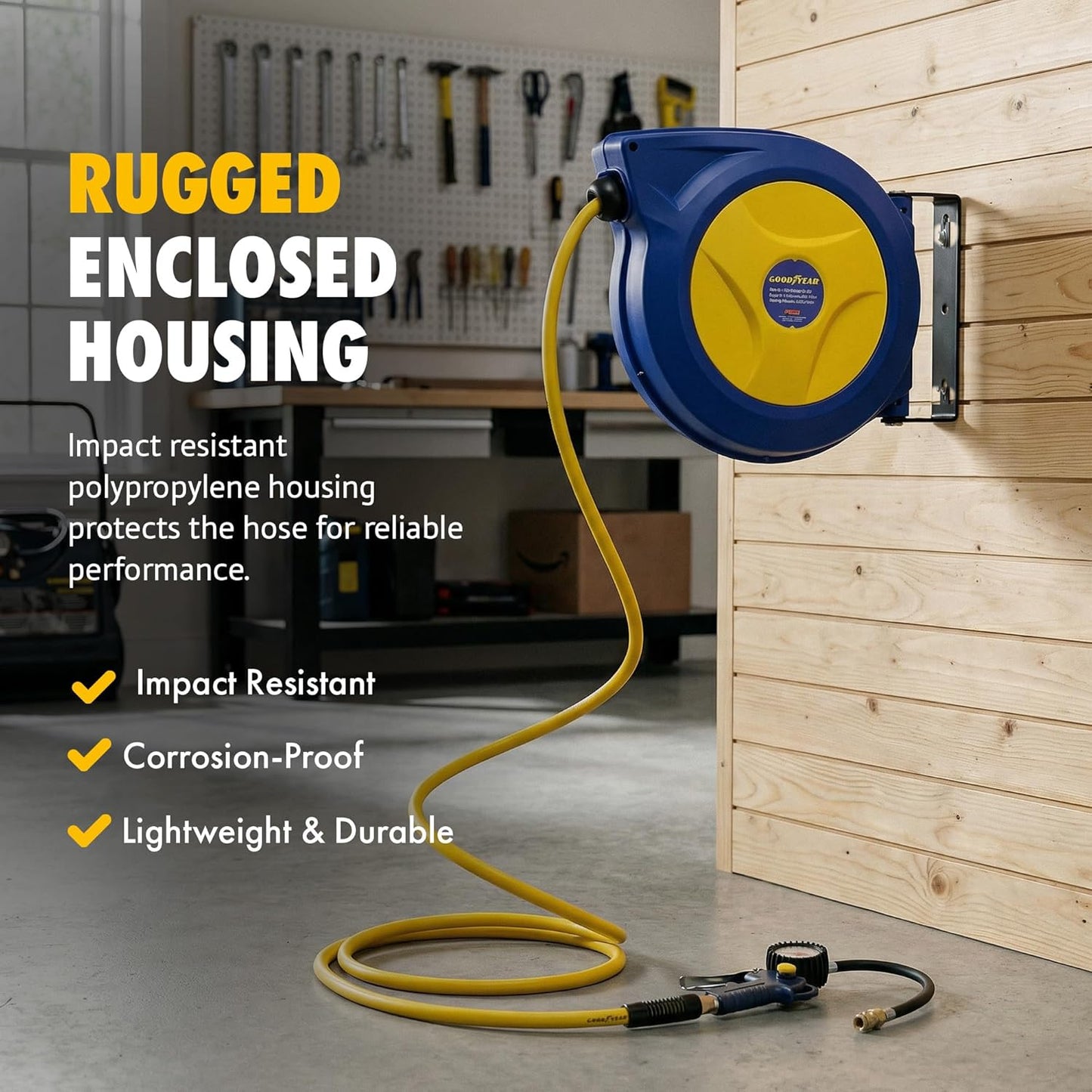 Goodyear Retractable Air Hose Reel, 3/8" × 50 FT, 300 PSI Hybrid Polymer Hose, Spring-Driven Automatic Rewind, Leak-Proof Swivel, Wall & Ceiling Mountable