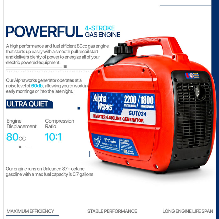 AlphaWorks Portable Gas Generator - 79CC Gas Engine 15A 2250W Output (2) AC Outlets Generator