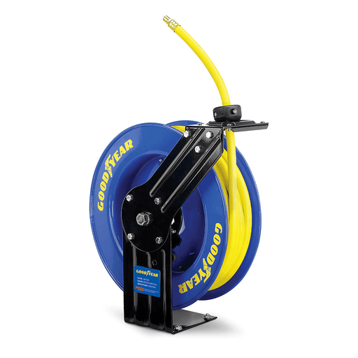 Goodyear Industrial Retractable Air Hose Reel - 3/8" x 50' Ft, 300 PSI Max, 1/4" NPT Connections, Single Arm Air Hose Reel