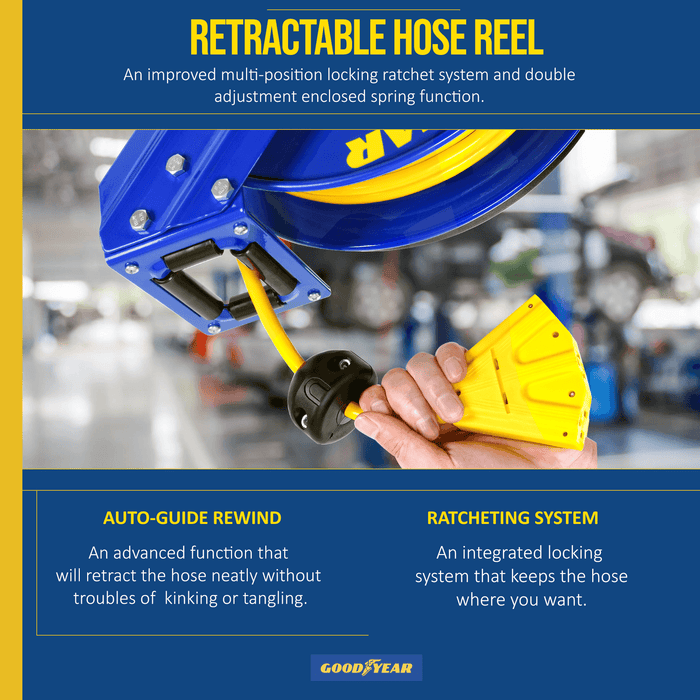 Goodyear Industrial Retractable Extension Cord Reel - 12AWG x 50' Ft, 3 Grounded Outlets, Max 13A Cord Reel
