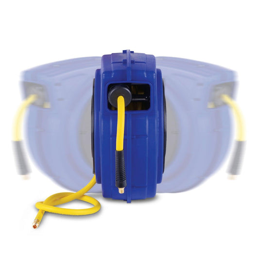 Pre-Owned Goodyear Mountable Retractable Air Hose Reel - 3/8" x 65' Ft, 3' Ft Lead-In Hose, 1/4" NPT Connections
