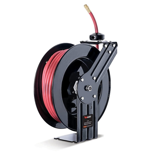 ReelWorks Air Hose Reel - 3/8" x 50FT, 1/4" Connections, Single Arm Mountable & Retractable