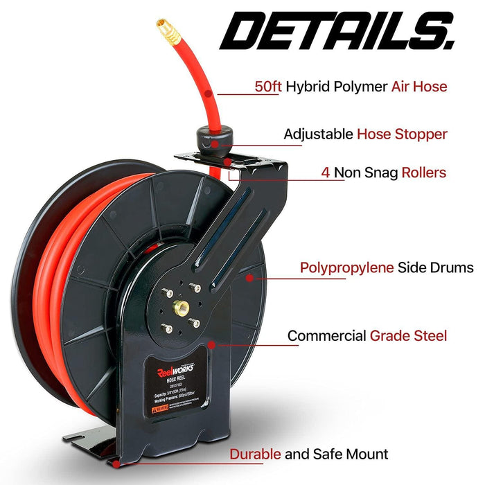 ReelWorks Industrial Retractable Air Hose Reel - 3/8" x  50'FT, 1/4" NPT Connections, Single Arm Air Hose Reel