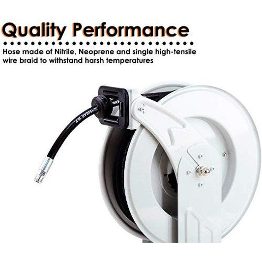 ReelWorks Industrial Retractable Oil Hose Reel - 1/2" x 50'FT, 1/2" MNPT Connections, Dual Arm