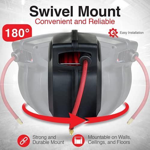 ReelWorks Mountable Retractable Air Hose Reel - 3/8" x  50'FT, 3' Ft Lead-In Hose, 1/4" NPT Connections Air Hose Reel