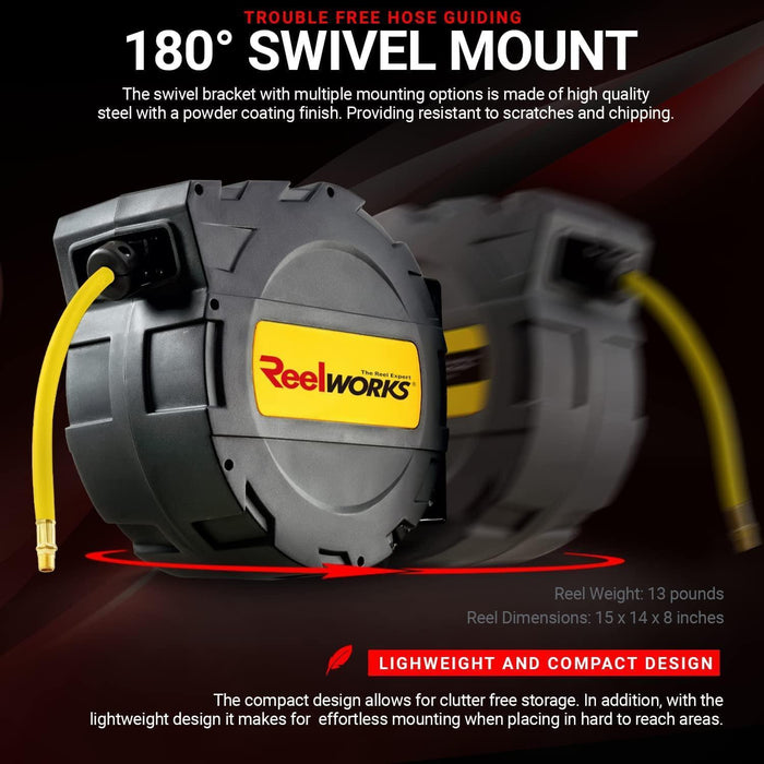 ReelWorks Mountable Retractable Air Hose Reel - 3/8" x 50'FT, 3' Ft Lead-In Hose, 1/4" NPT Connections Air Hose Reel