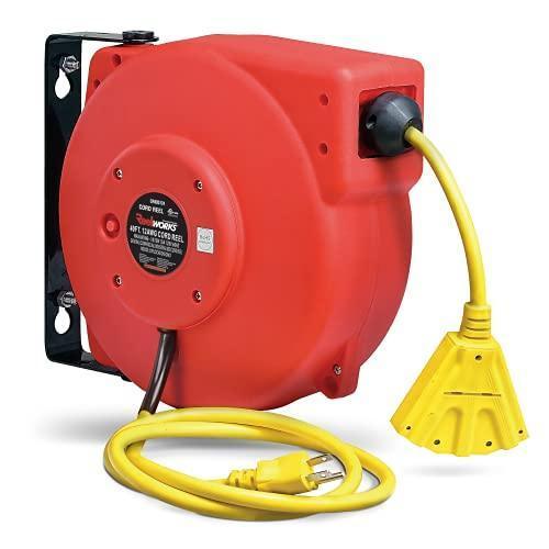 ReelWorks Mountable Retractable Extension Cord Reel - 12AWG x 40' Ft, 3 Grounded Outlets, Max 15A Cord Reel
