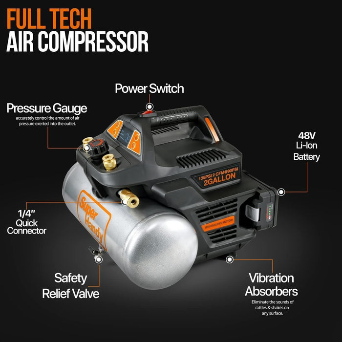 SuperHandy Portable Electric Compressor - 48V 2Ah Battery System, 2 Gal 135 PSI, Digital Gauge Display Compressor