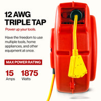 ReelWorks Mountable Retractable Extension Cord Reel - 12AWG x 65' Ft, 3 Grounded Outlets, Max 15A