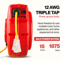 ReelWorks Extension Cord Reel - 12AWG x 80Ft, 3 Grounded Outlets, Max 15A - Mountable & Retractable