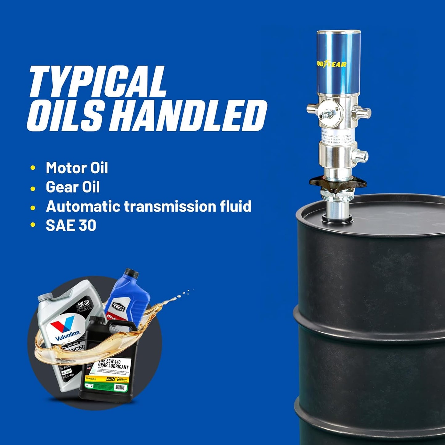Bomba neumática de tambor de transferencia de aceite Goodyear - 3:1, 3,2 GPM, entrada de aire de 1/4" NPT, salida de aceite macho de 1/2" NPT