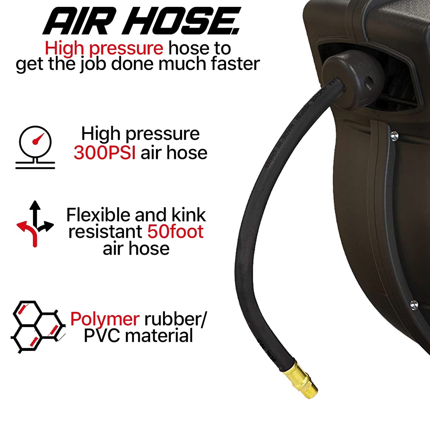 ReelWorks Mountable Retractable Air Hose Reel - 3/8" x  50'FT, 3' Ft Lead-In Hose, 1/4" NPT Connections
