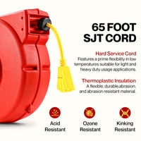 ReelWorks Mountable Retractable Extension Cord Reel - 12AWG x 65' Ft, 3 Grounded Outlets, Max 15A
