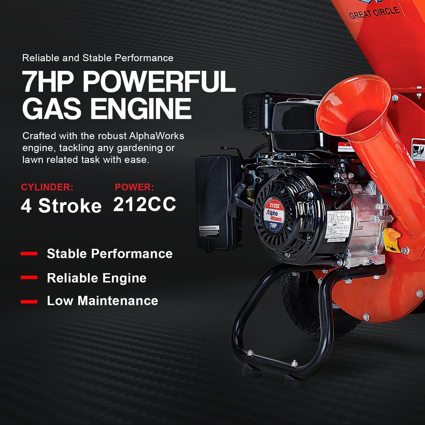 GreatCircleUSA 3-in-1 Wood Chipper - 7HP Engine, 3" Max Branch Capacity