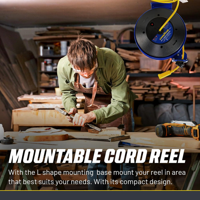 Goodyear Retractable Extension Cord Reel – Heavy-Duty Commercial Cable with Triple Tap Connector, Auto-Rewind & Wall/Ceiling Mountable (Industrial, 12AWG x 80 ft)