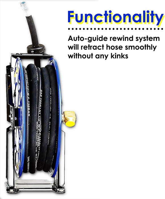 Goodyear Oil Hose Reel Retractable 1/2" Inch x 50' Foot Long Premium Commercial SAE 100R1AT Hose Max 2320 Psi Steel Construction Elite Heavy Duty Industrial Spring Driven Dual Arm and Pedestal