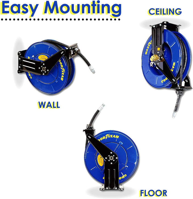 Goodyear Oil Hose Reel Retractable 1/2" Inch x 50' Foot Long Premium Commercial SAE 100R1AT Hose Max 2320 Psi Steel Construction Elite Heavy Duty Industrial Spring Driven Dual Arm and Pedestal