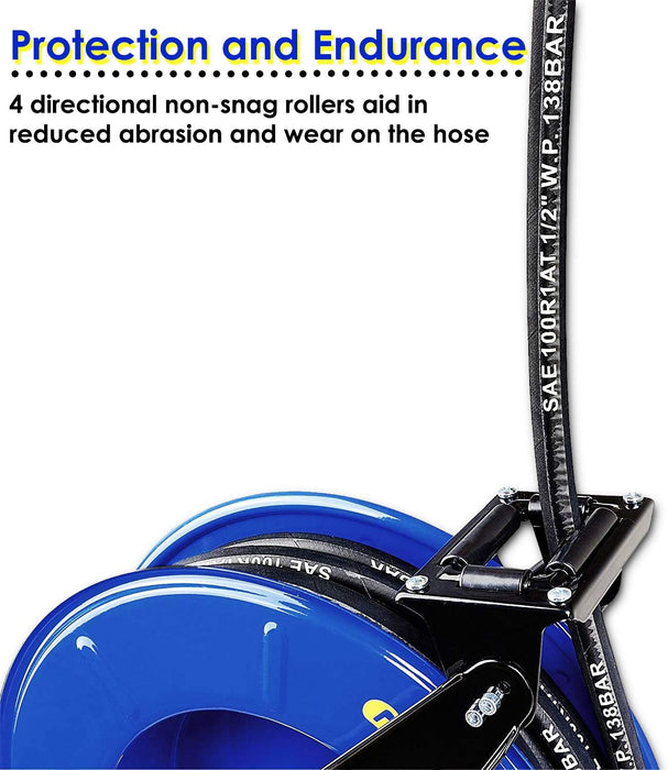 Goodyear Oil Hose Reel Retractable 1/2" Inch x 50' Foot Long Premium Commercial SAE 100R1AT Hose Max 2320 Psi Steel Construction Elite Heavy Duty Industrial Spring Driven Dual Arm and Pedestal