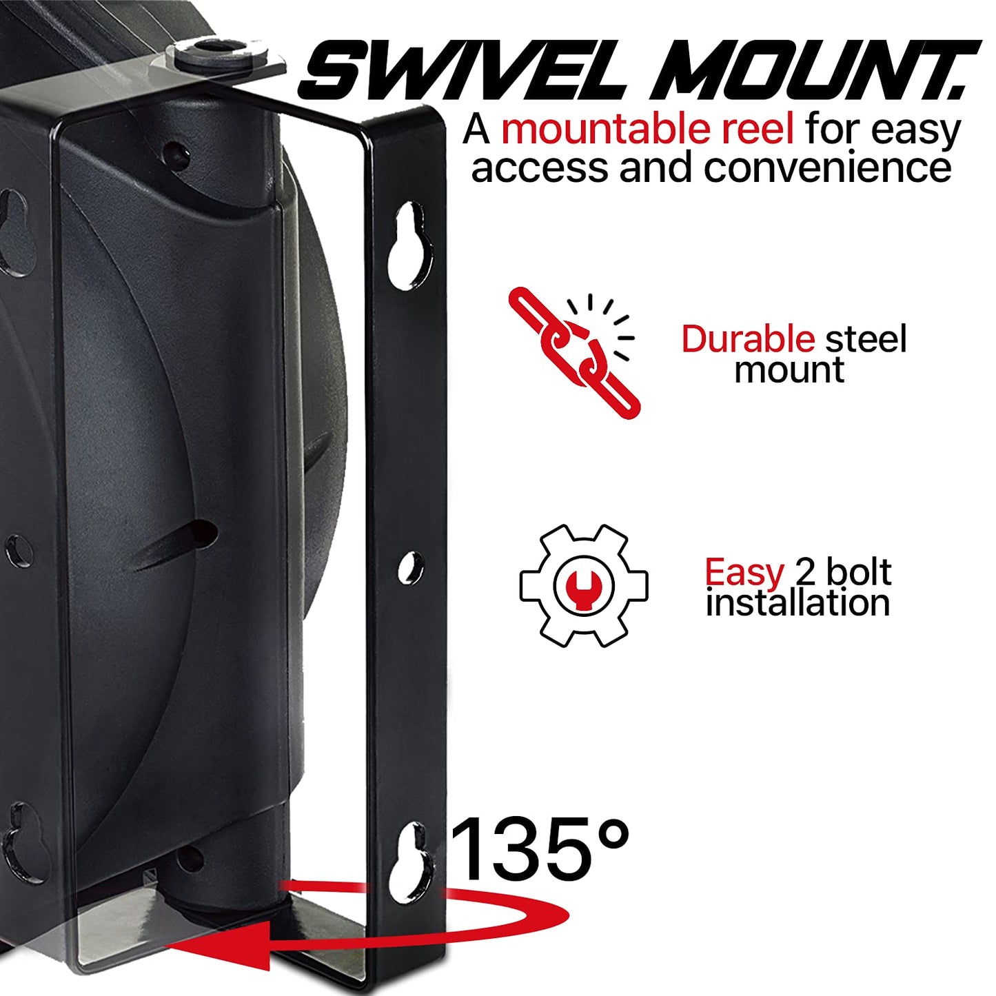 ReelWorks Mountable Retractable Air Hose Reel - 3/8" x  50'FT, 3' Ft Lead-In Hose, 1/4" NPT Connections