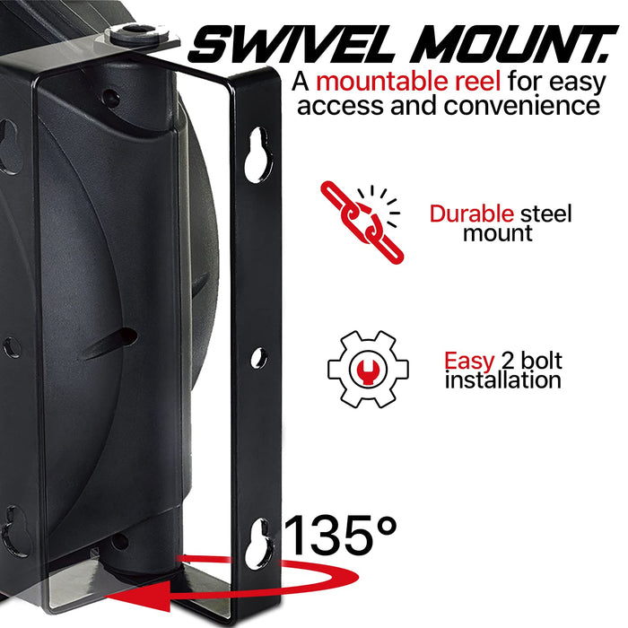 Carrete de manguera de aire retráctil montable ReelWorks - Manguera de entrada de 3/8" x 50'FT, 3' Ft, conexiones NPT de 1/4"
