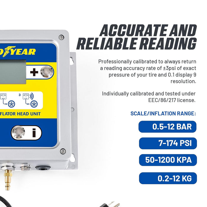 Goodyear Automatic Inflator Head Unit - Digital air Pressure Controller with air Chuck & Hose, 1/4" NPT Fittings, LCD Display, for use with External air Compressor, 10–145 PSI Range