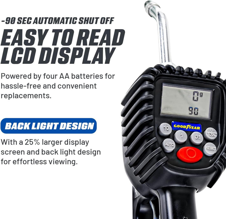 Goodyear Digital Oil Preset Meter with Auto Tip, High-Precision Fluid Dispenser, 1/2" NPT, 0.5% Accuracy, for Oils and Fluids, 1-35L/min, 12-1000psi