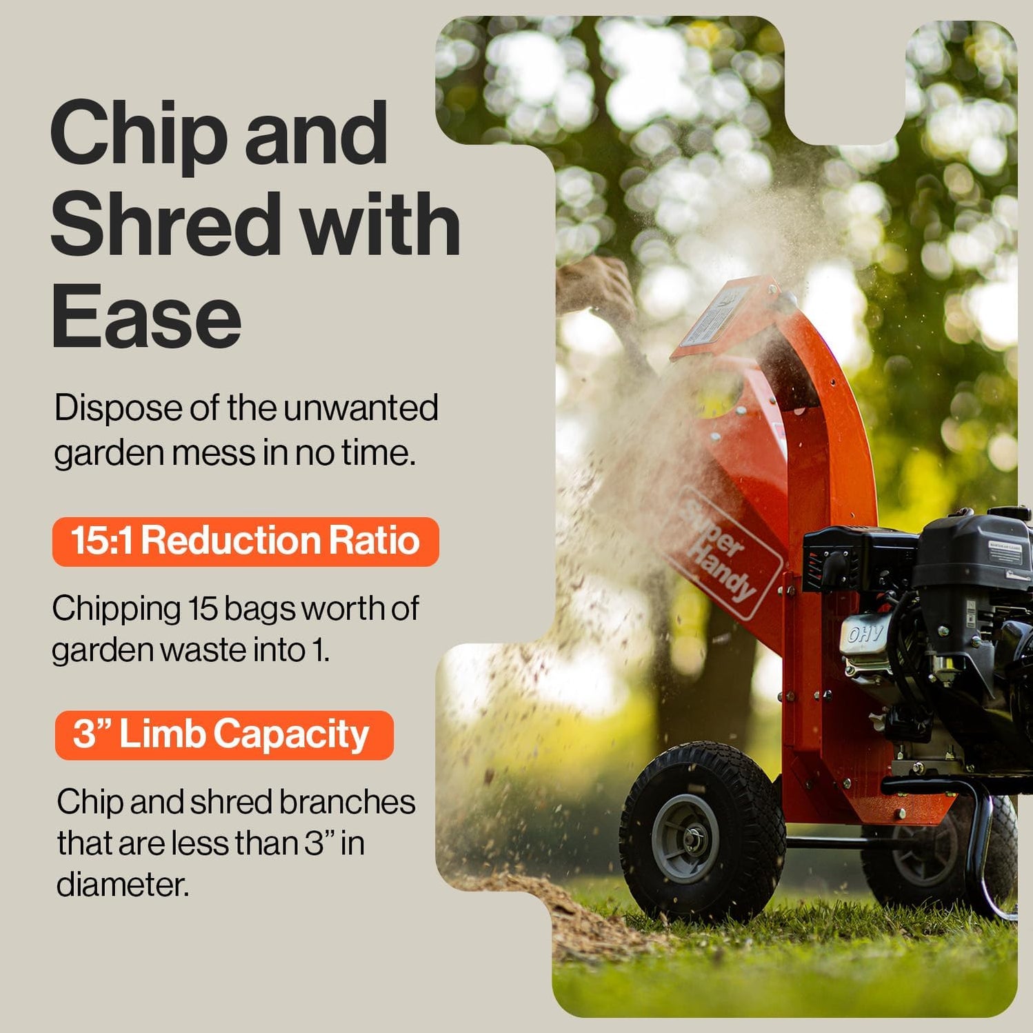 SuperHandy Mini Wood Chipper & Shredder 7HP 212CC Gas Engine 3" Max