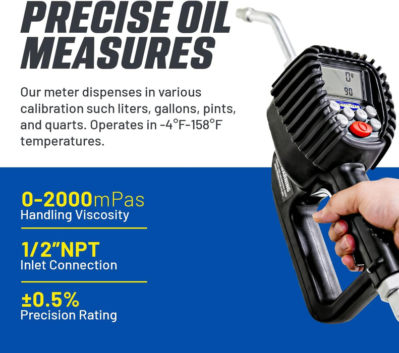 Goodyear Digital Oil Preset Meter with Auto Tip, High-Precision Fluid Dispenser, 1/2" NPT, 0.5% Accuracy, for Oils and Fluids, 1-35L/min, 12-1000psi