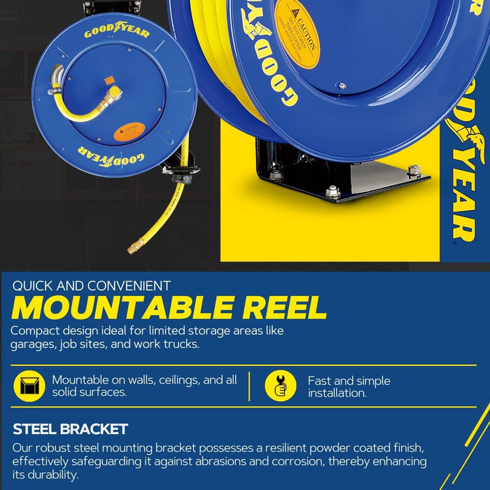 Pre-Owned Goodyear Air Hose Reel - 1/2" x 65' Ft, 300 PSI Max, 1/4" NPT Connections, Single Arm