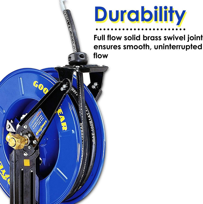 Goodyear Oil Hose Reel Retractable 1/2" Inch x 50' Foot Long Premium Commercial SAE 100R1AT Hose Max 2320 Psi Steel Construction Elite Heavy Duty Industrial Spring Driven Dual Arm and Pedestal