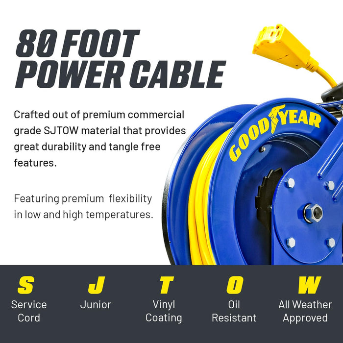 Goodyear Retractable Extension Cord Reel – Heavy-Duty Commercial Cable with Triple Tap Connector, Auto-Rewind & Wall/Ceiling Mountable (Industrial, 12AWG x 80 ft)