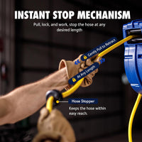 Goodyear Retractable Air Hose Reel with Safety-Speed Control, 3/8" × 50 FT, 300 PSI Hybrid Polymer Hose, Spring-Driven Automatic Rewind, Leak-Proof Swivel, Wall & Ceiling Mountable
