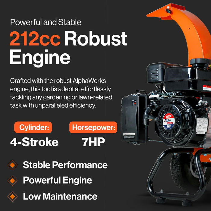SuperHandy Mini astilladora y trituradora de madera - 7HP 212CC Motor de gas 3" Diámetro máximo de rama (naranja)