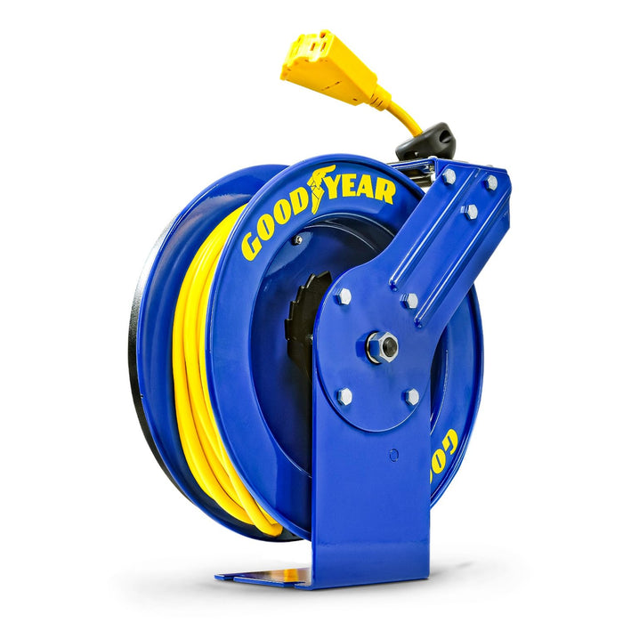 Goodyear Retractable Extension Cord Reel – Heavy-Duty Commercial Cable with Triple Tap Connector, Auto-Rewind & Wall/Ceiling Mountable (Industrial, 12AWG x 80 ft)