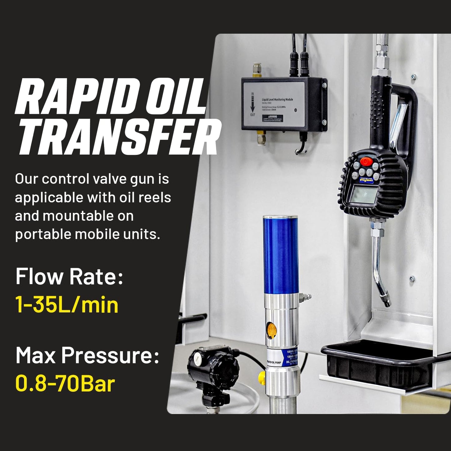 Goodyear Digital Oil Preset Meter with Auto Tip, High-Precision Fluid Dispenser, 1/2" NPT, 0.5% Accuracy, for Oils and Fluids, 1-35L/min, 12-1000psi