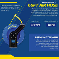 Goodyear Air Hose Reel - 1/2" x 65' Ft, 300 PSI Max, 1/4" NPT Connections, Single Arm