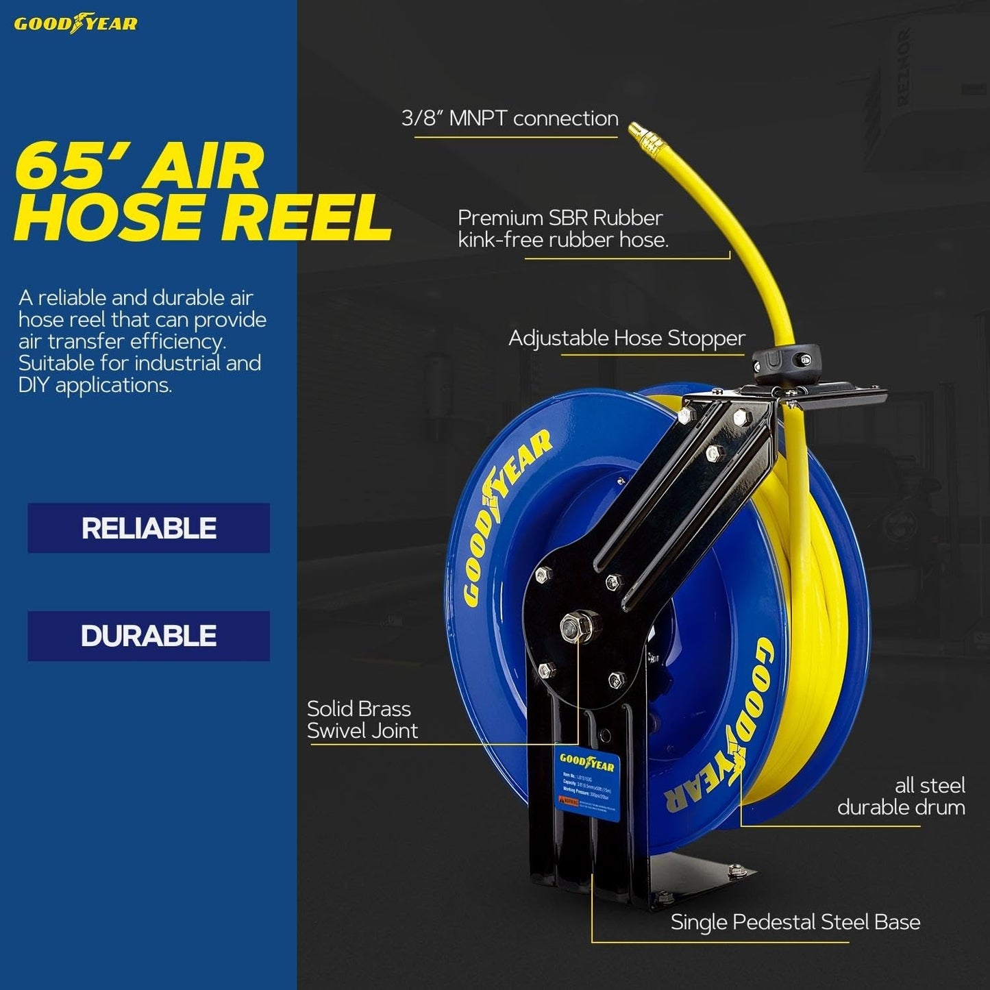 Goodyear Air Hose Reel - 1/2" x 65' Ft, 300 PSI Max, 1/4" NPT Connections, Single Arm