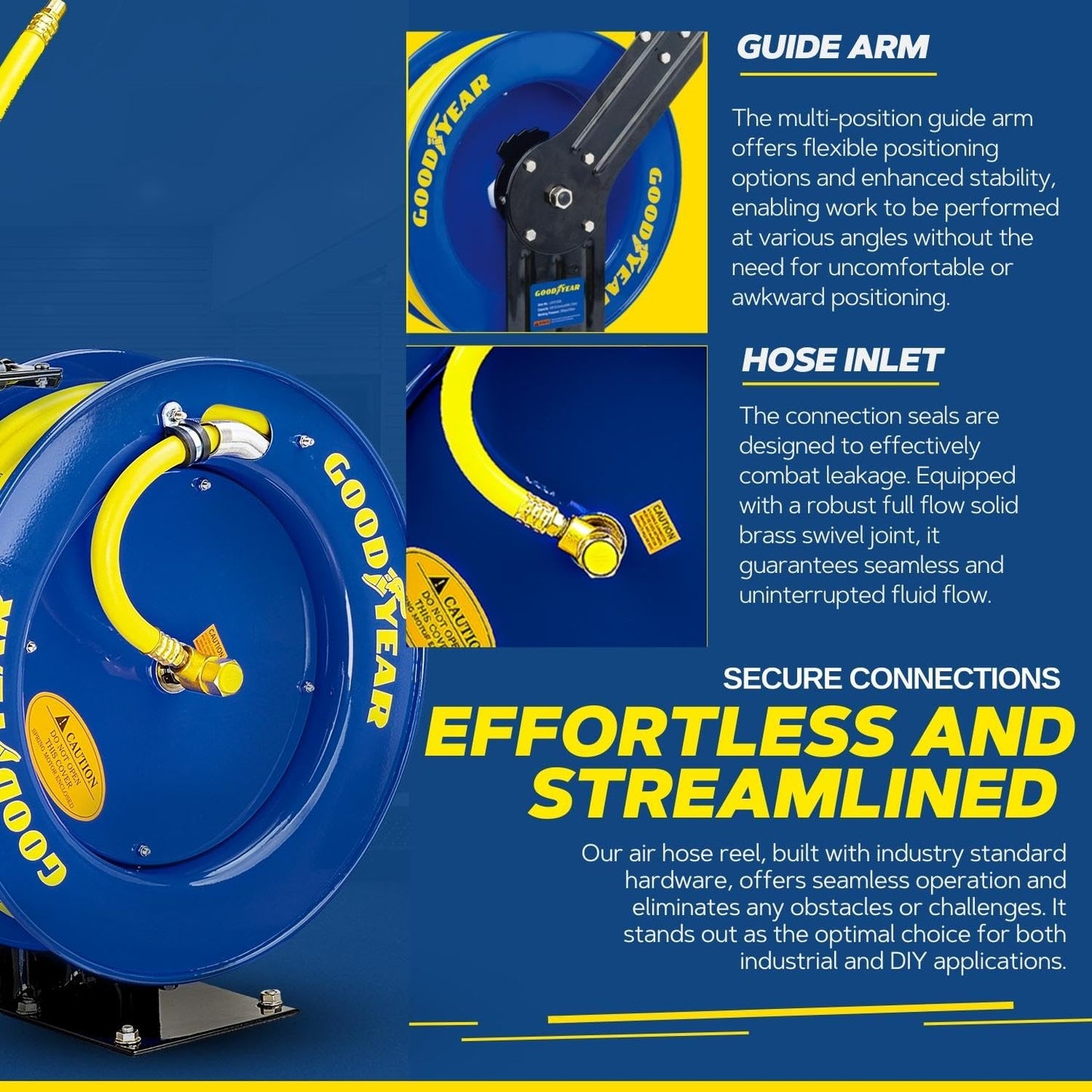 Goodyear Air Hose Reel - 1/2" x 65' Ft, 300 PSI Max, 1/4" NPT Connections, Single Arm