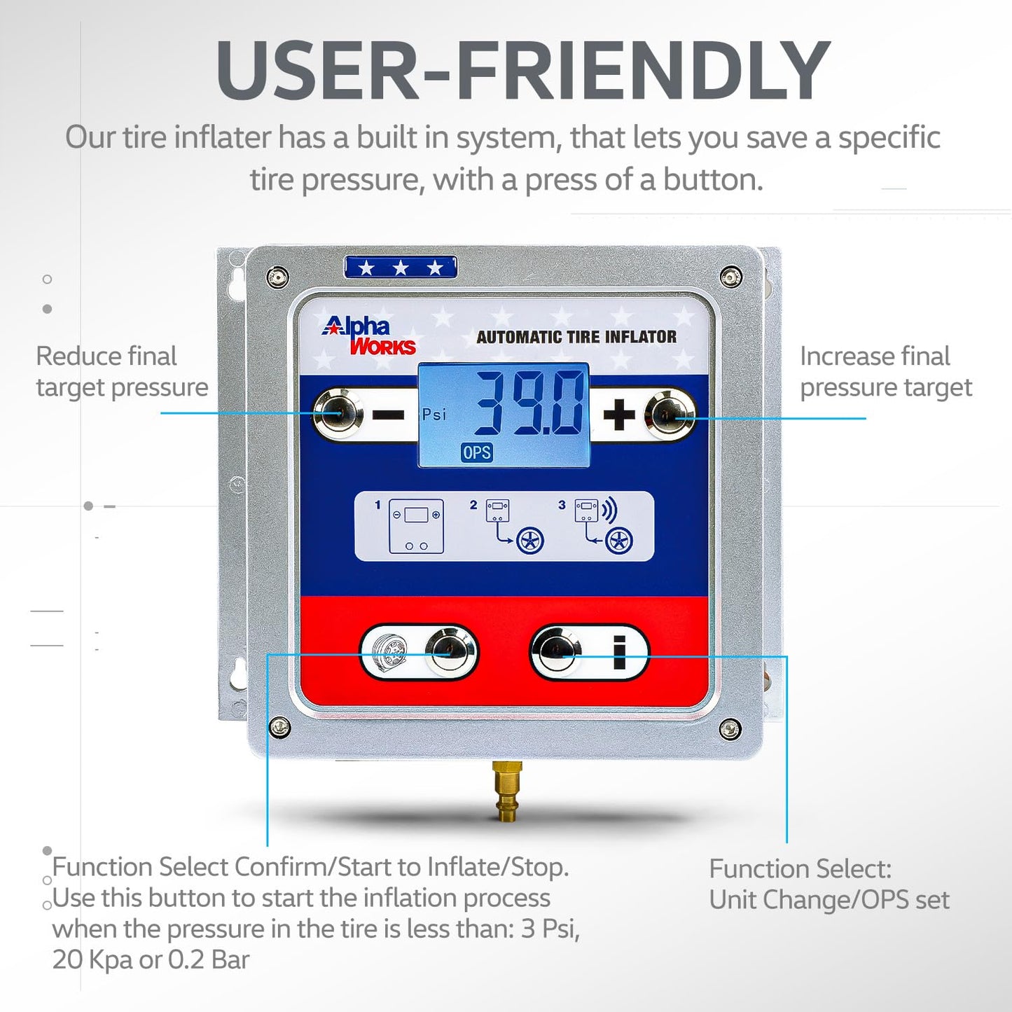 AlphaWorks Automatic Air Pressure Inflator - 1/4" NPT In/Outlets, Digital Display, Set Pressures & Inflate