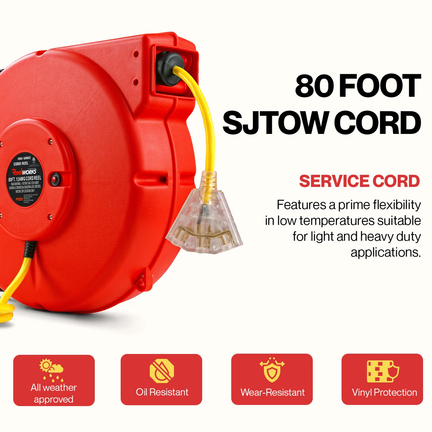 ReelWorks Extension Cord Reel - 12AWG x 80Ft, 3 Grounded Outlets, Max 15A - Mountable & Retractable