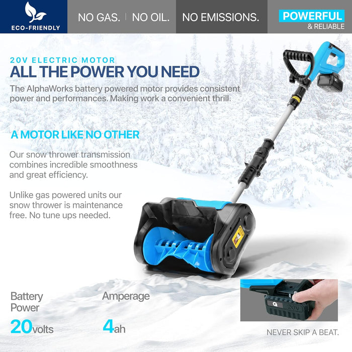 AlphaWorks Portable Electric Snow Thrower & Shovel - 20V 4Ah Cordless Battery System (Blue)