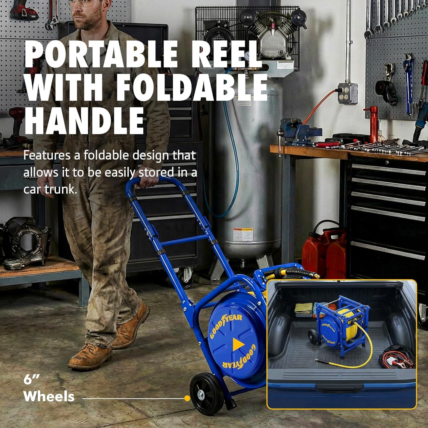 Goodyear Portable Air Hose Reel, 3/8" x 100 ft Hybrid Polymer Air Hose, 300 PSI, Foldable Handle, Dual Locking System, Easy-Move Wheels