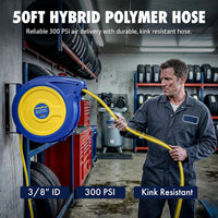 Goodyear Retractable Air Hose Reel with Safety-Speed Control, 3/8" × 50 FT, 300 PSI Hybrid Polymer Hose, Spring-Driven Automatic Rewind, Leak-Proof Swivel, Wall & Ceiling Mountable