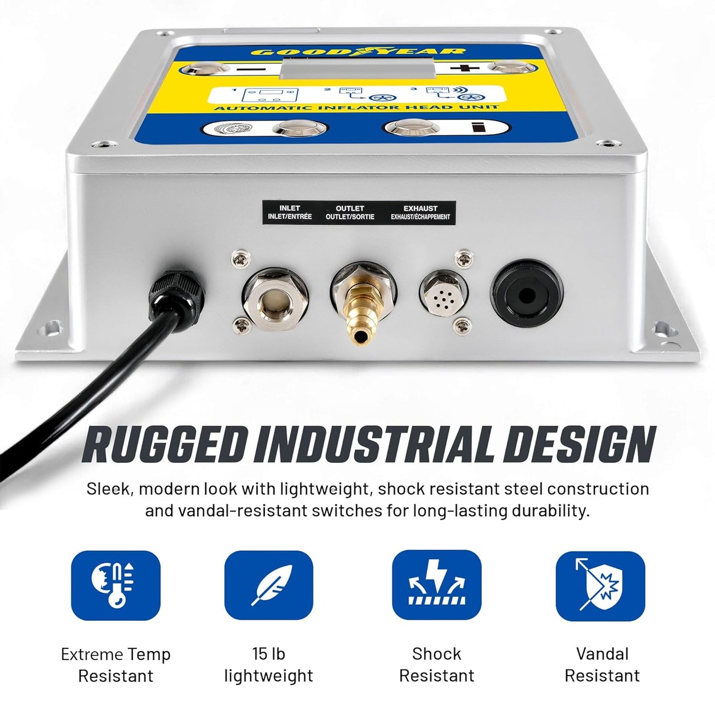Goodyear Automatic Inflator Head Unit - Digital air Pressure Controller with air Chuck & Hose, 1/4" NPT Fittings, LCD Display, for use with External air Compressor, 10–145 PSI Range