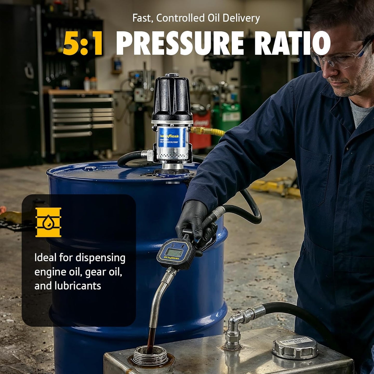 Goodyear 5:1 Heavy Duty Air-Operated Oil Pump – High-Efficiency 10.6 GPM Industrial Pneumatic Pump, 870 PSI Max Pressure, Corrosion-Resistant Construction for 48–58 Gallon Drums