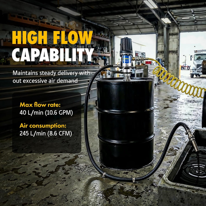 Goodyear 5:1 Heavy Duty Air-Operated Oil Pump – High-Efficiency 10.6 GPM Industrial Pneumatic Pump, 870 PSI Max Pressure, Corrosion-Resistant Construction for 48–58 Gallon Drums